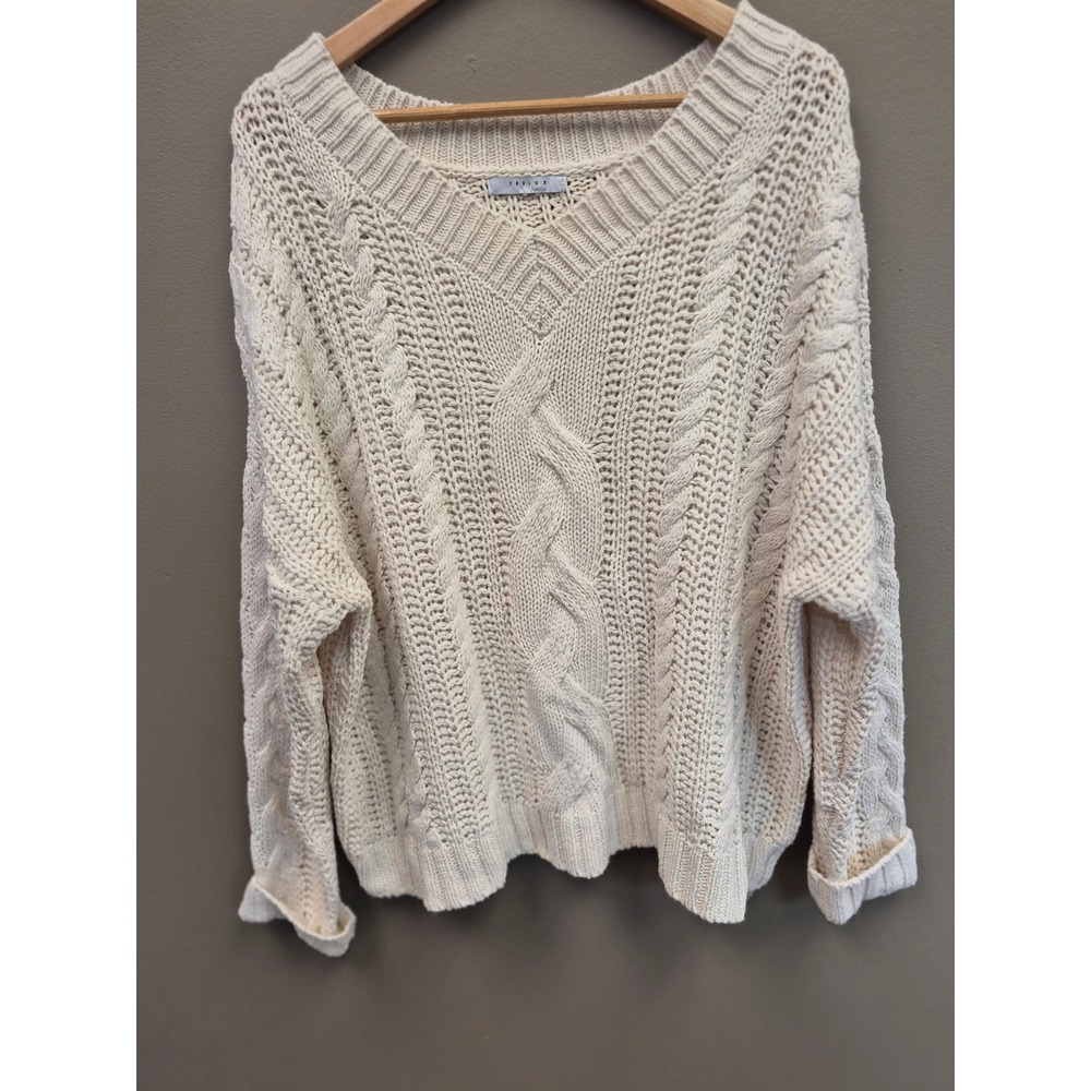 Favlux Womens L XL Cable Knit Sweater Oversized Fisherman Cream Cozy Tennis
